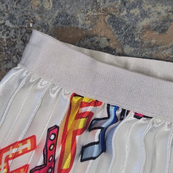 Unbranded White Knife Pleat Midi Skirt Elastic Waist Colorful Repeating Pattern - Picture 3 of 8